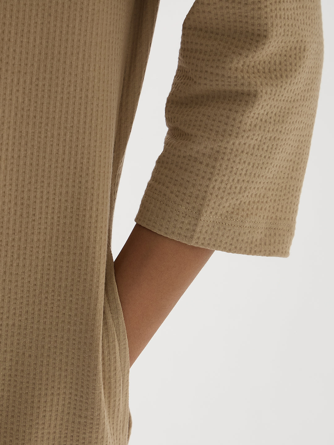 Beige Seersucker Cotton Knit Maxi Dress