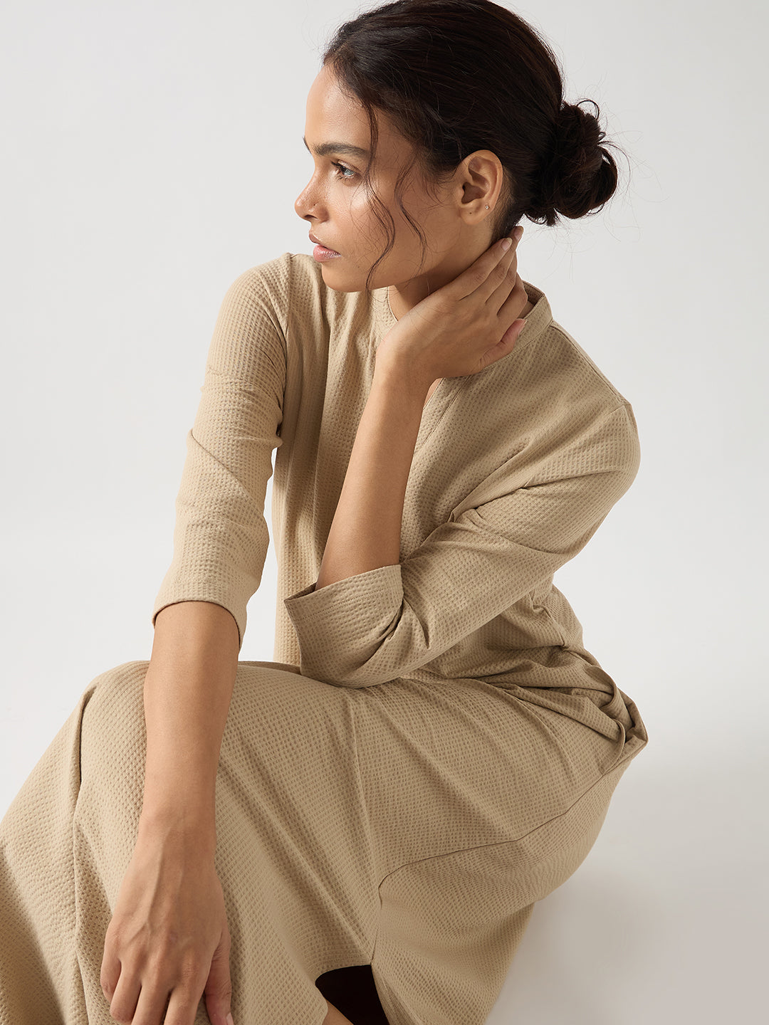 Beige Seersucker Cotton Knit Maxi Dress