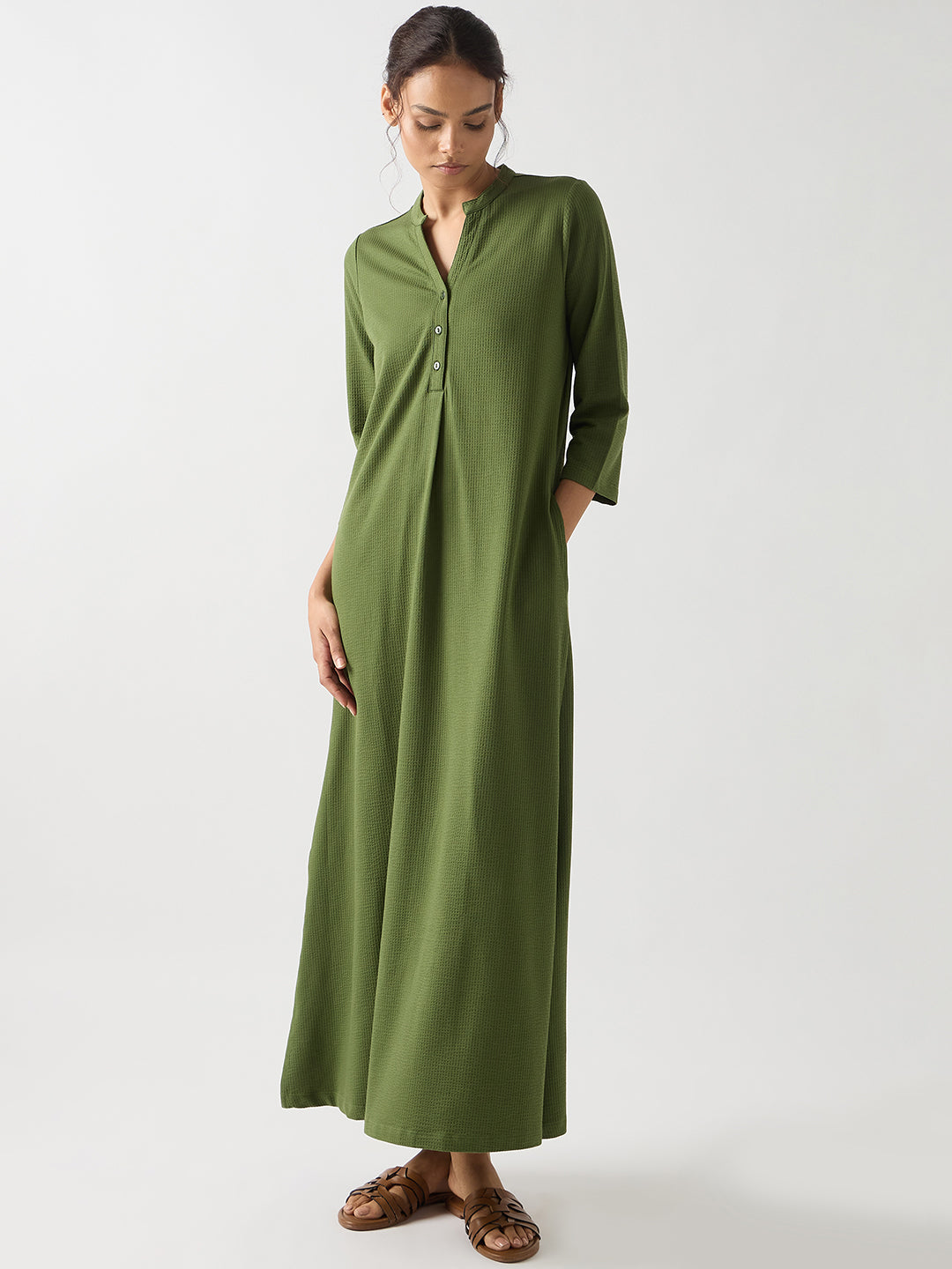Green Seersucker Cotton Knit Maxi Dress