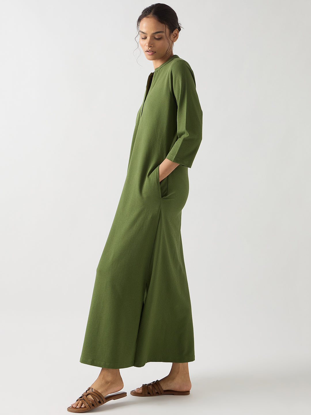 Green Seersucker Cotton Knit Maxi Dress