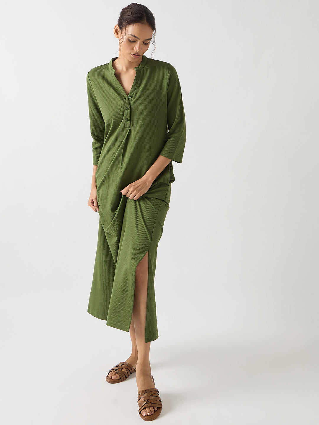 Green Seersucker Cotton Knit Maxi Dress