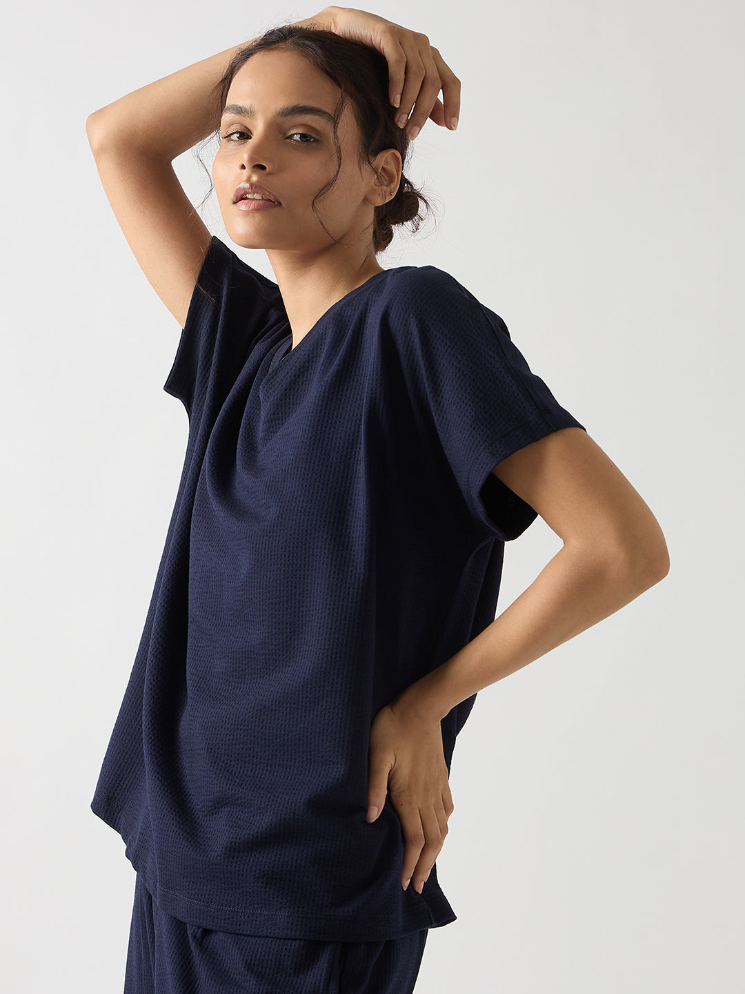 Navy Seersucker Cotton Knit T-Shirt