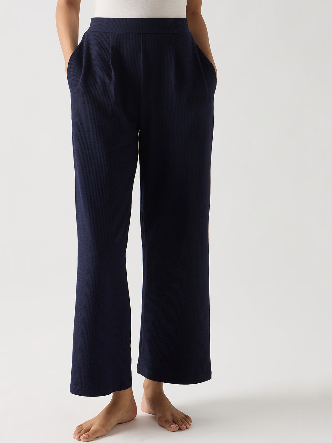 Navy Seersucker Cotton Knit Straight Pants