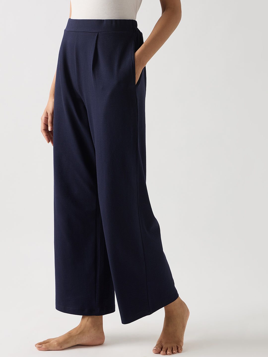 Navy Seersucker Cotton Knit Straight Pants