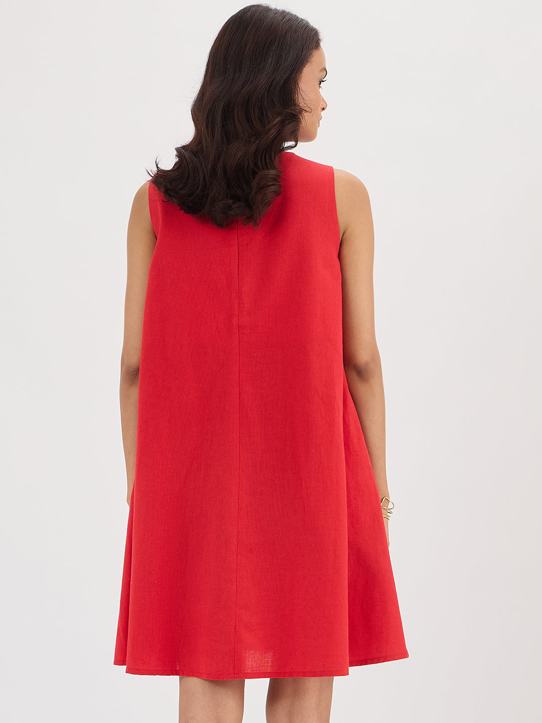 Red Cotton Linen A Line Mini Dress
