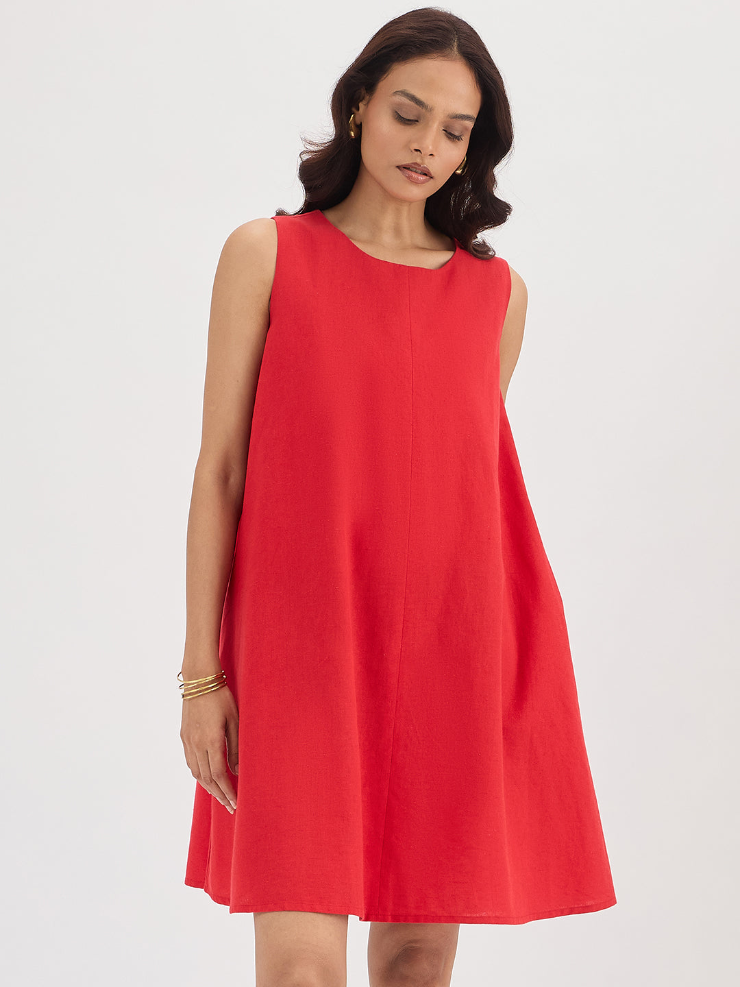 Red Cotton Linen A Line Mini Dress