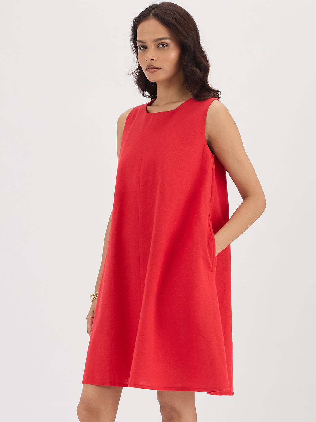 Red Cotton Linen A Line Mini Dress
