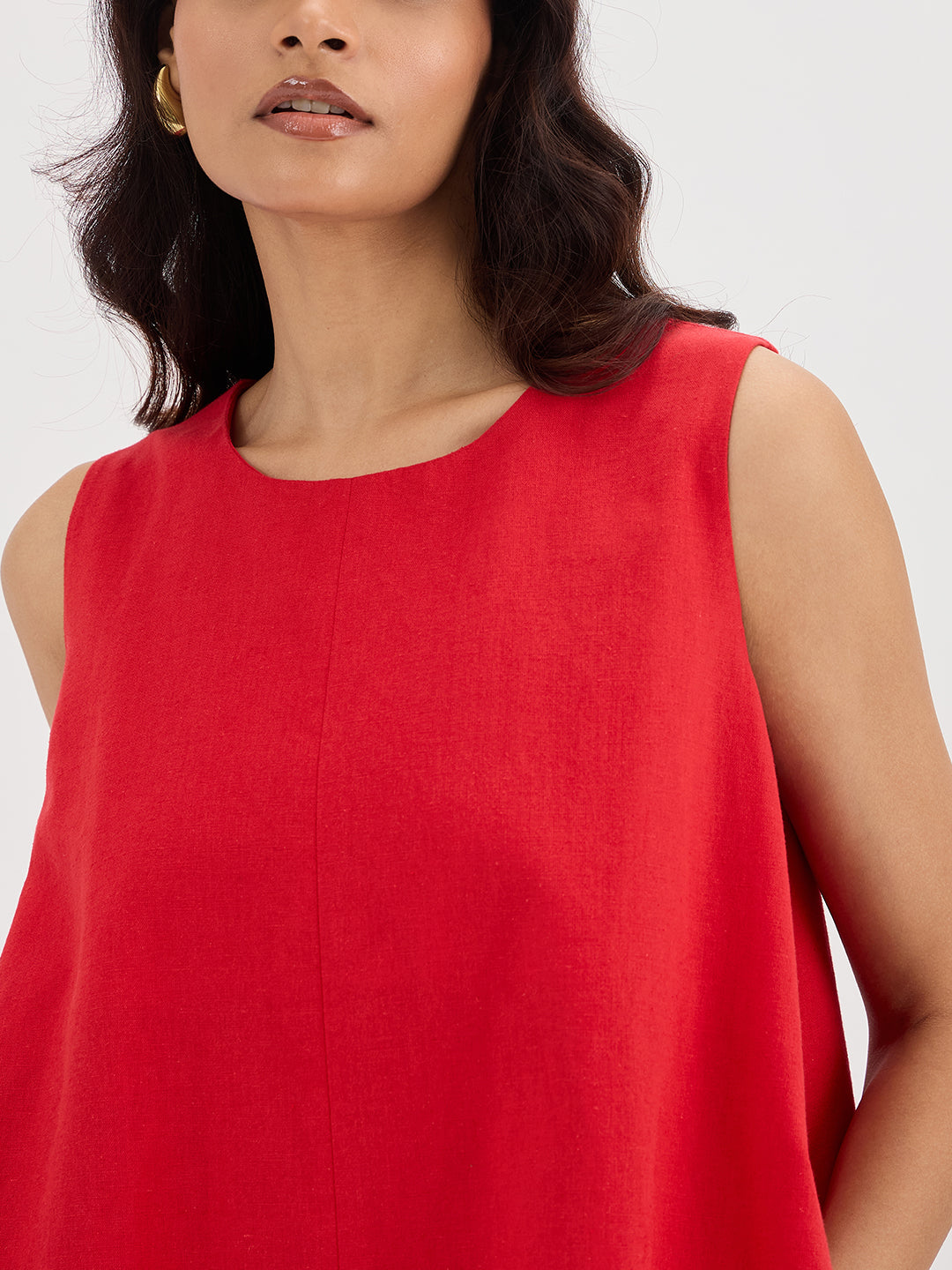 Red Cotton Linen A Line Mini Dress