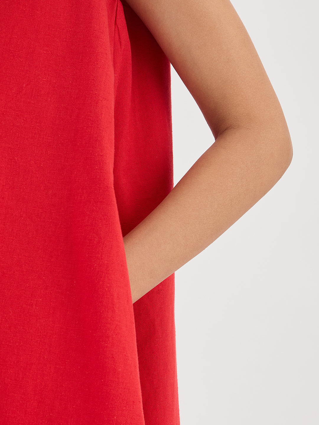 Red Cotton Linen A Line Mini Dress