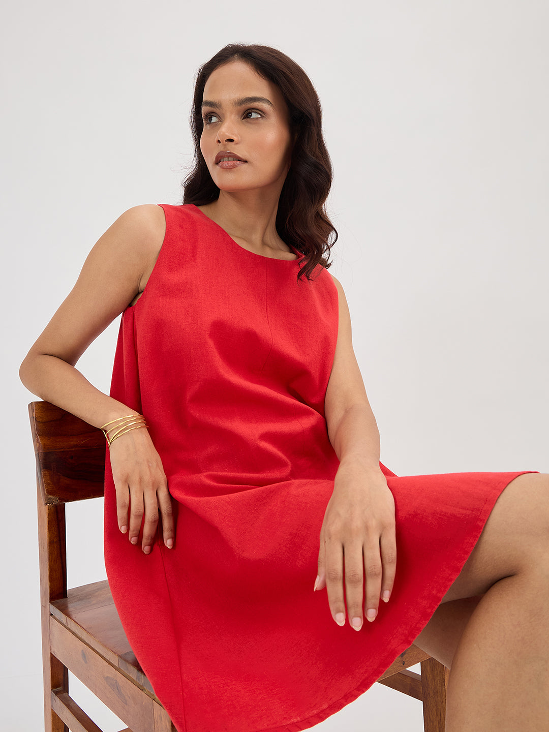 Red Cotton Linen A Line Mini Dress