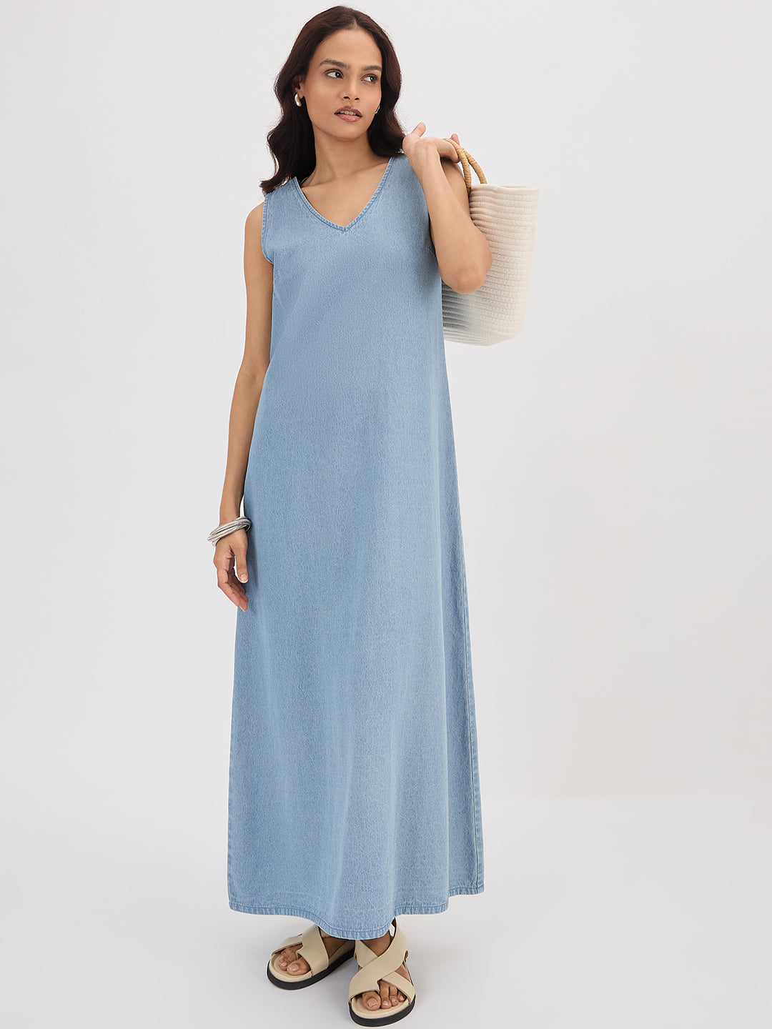 Light Blue Denim Maxi Dress