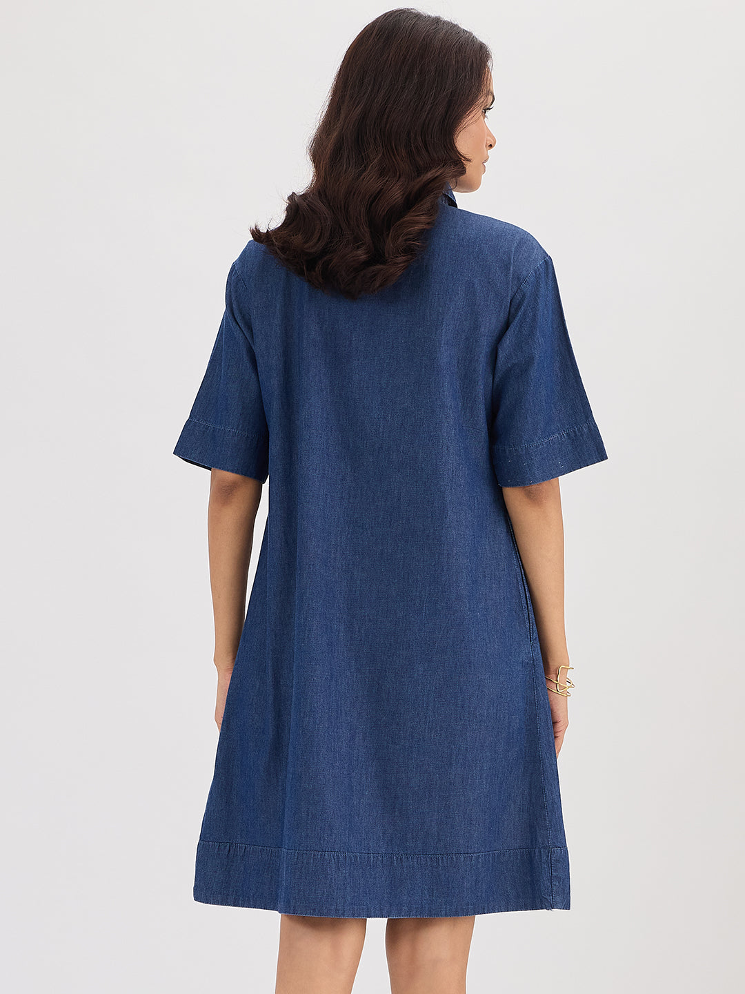 Navy Blue Denim Knee Length Dress