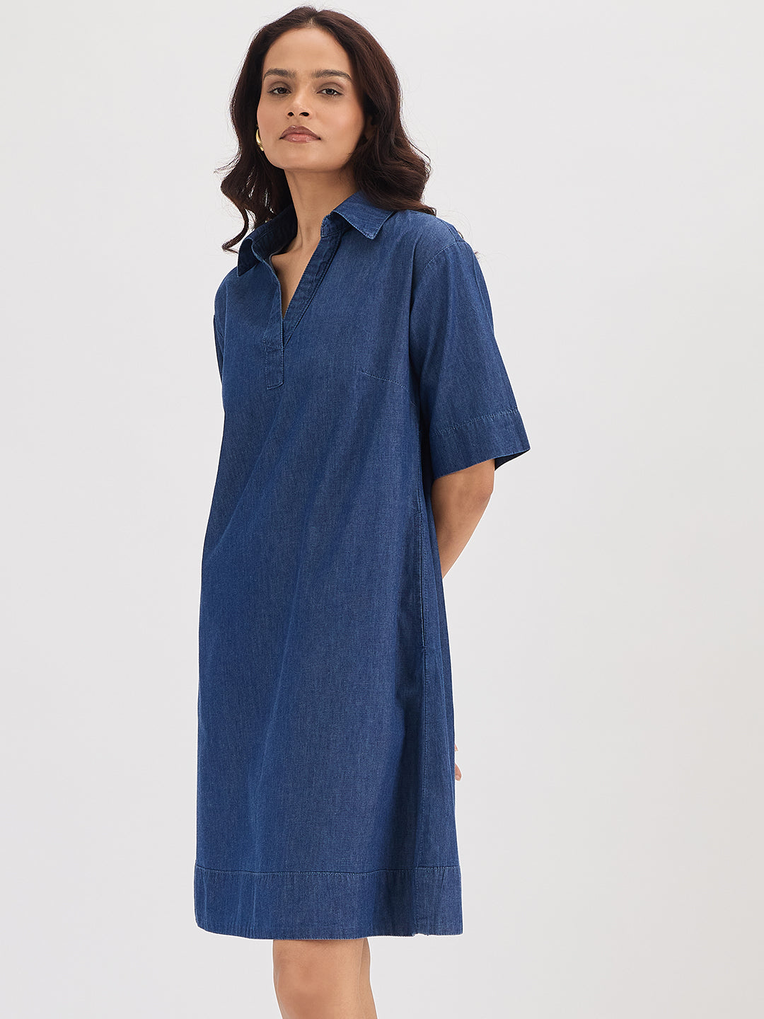 Navy Blue Denim Knee Length Dress
