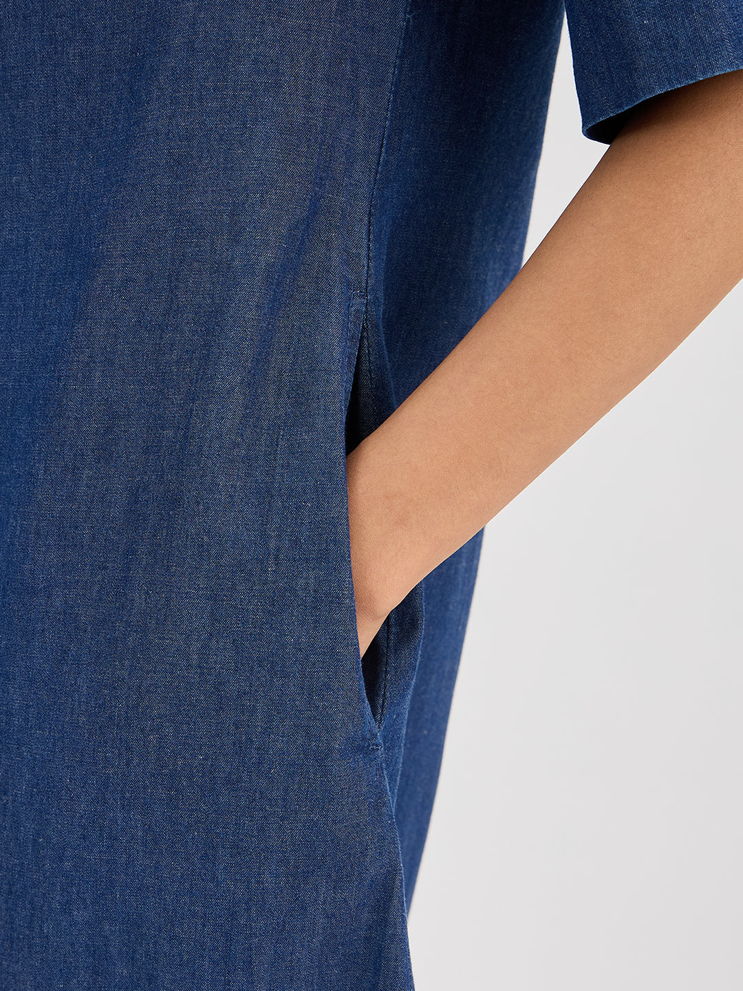 Navy Blue Denim Knee Length Dress