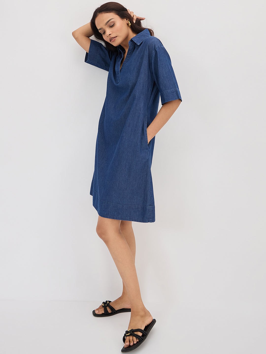 Navy Blue Denim Knee Length Dress