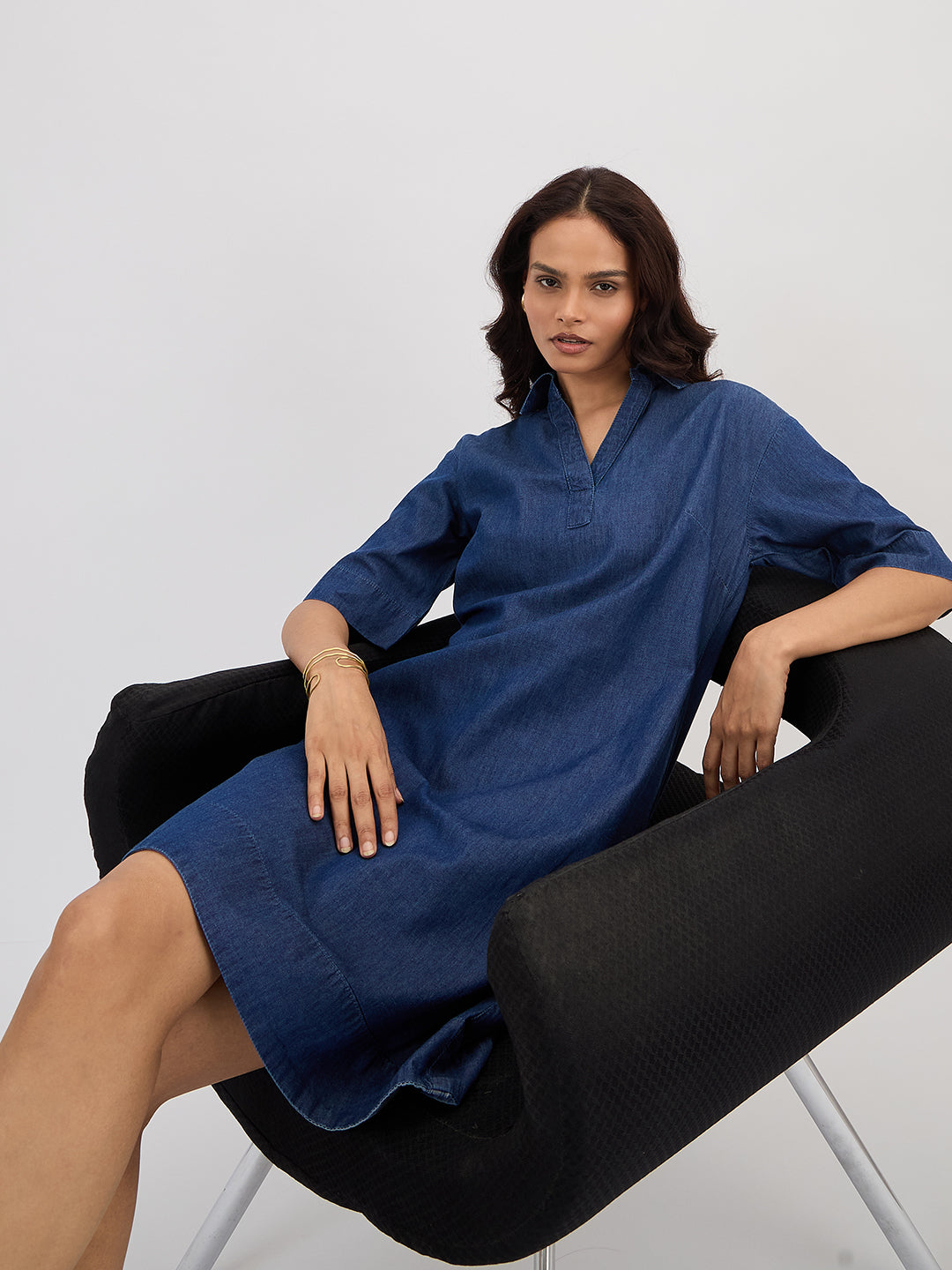 Navy Blue Denim Knee Length Dress