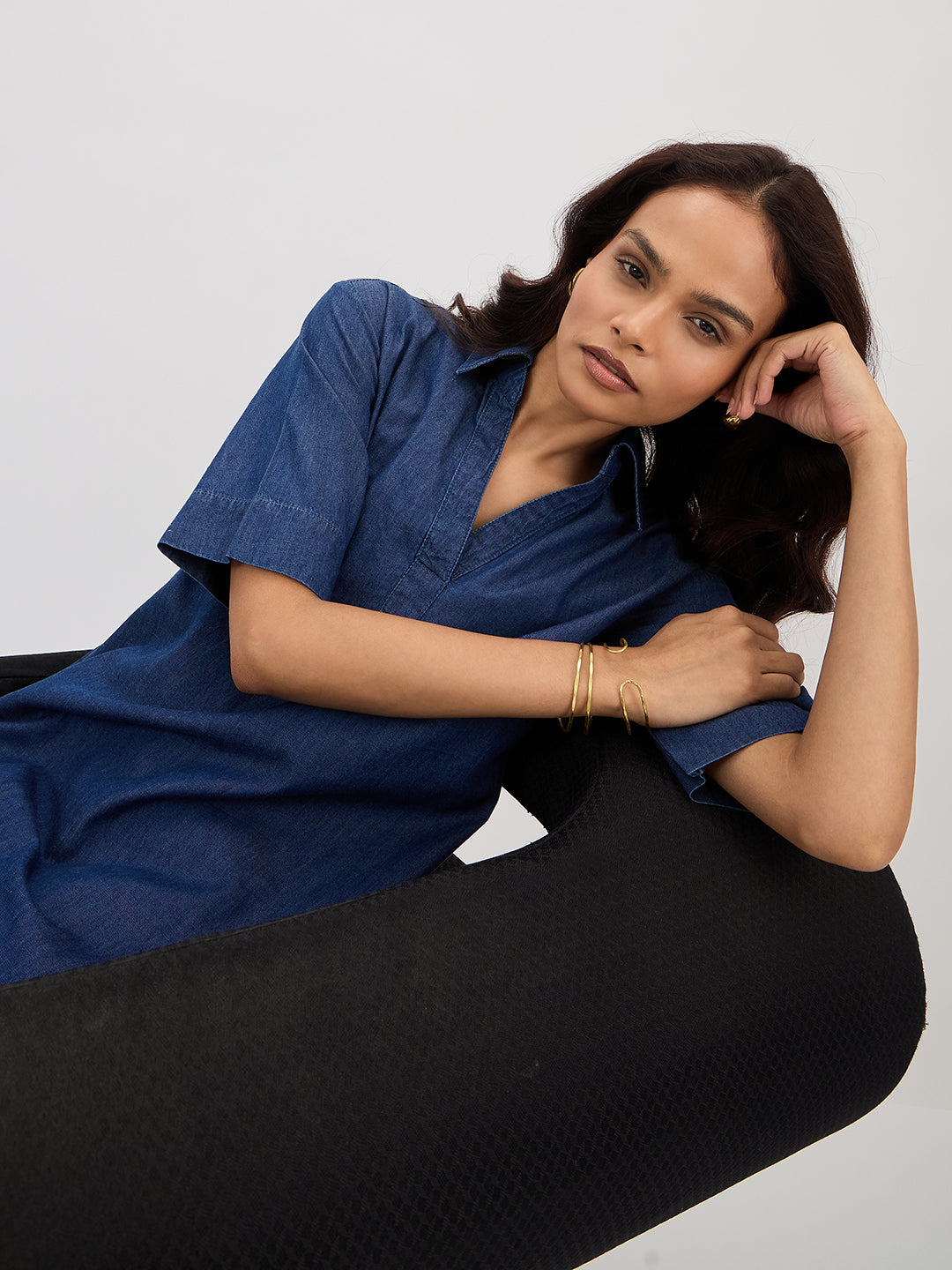 Navy Blue Denim Knee Length Dress