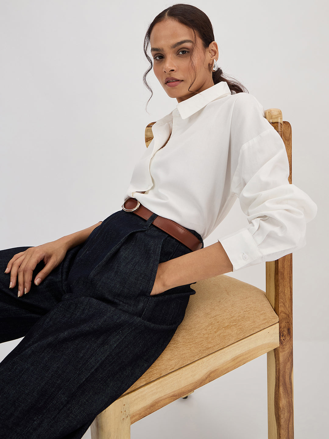 White Cotton Back Button Detailing Shirt