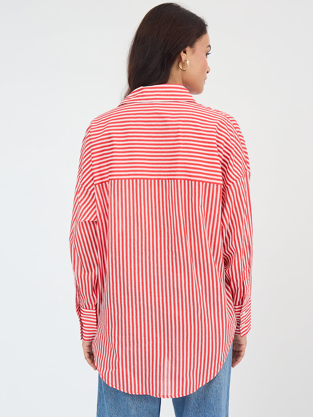 Bright Red Cotton Stripe Oversized Shirt