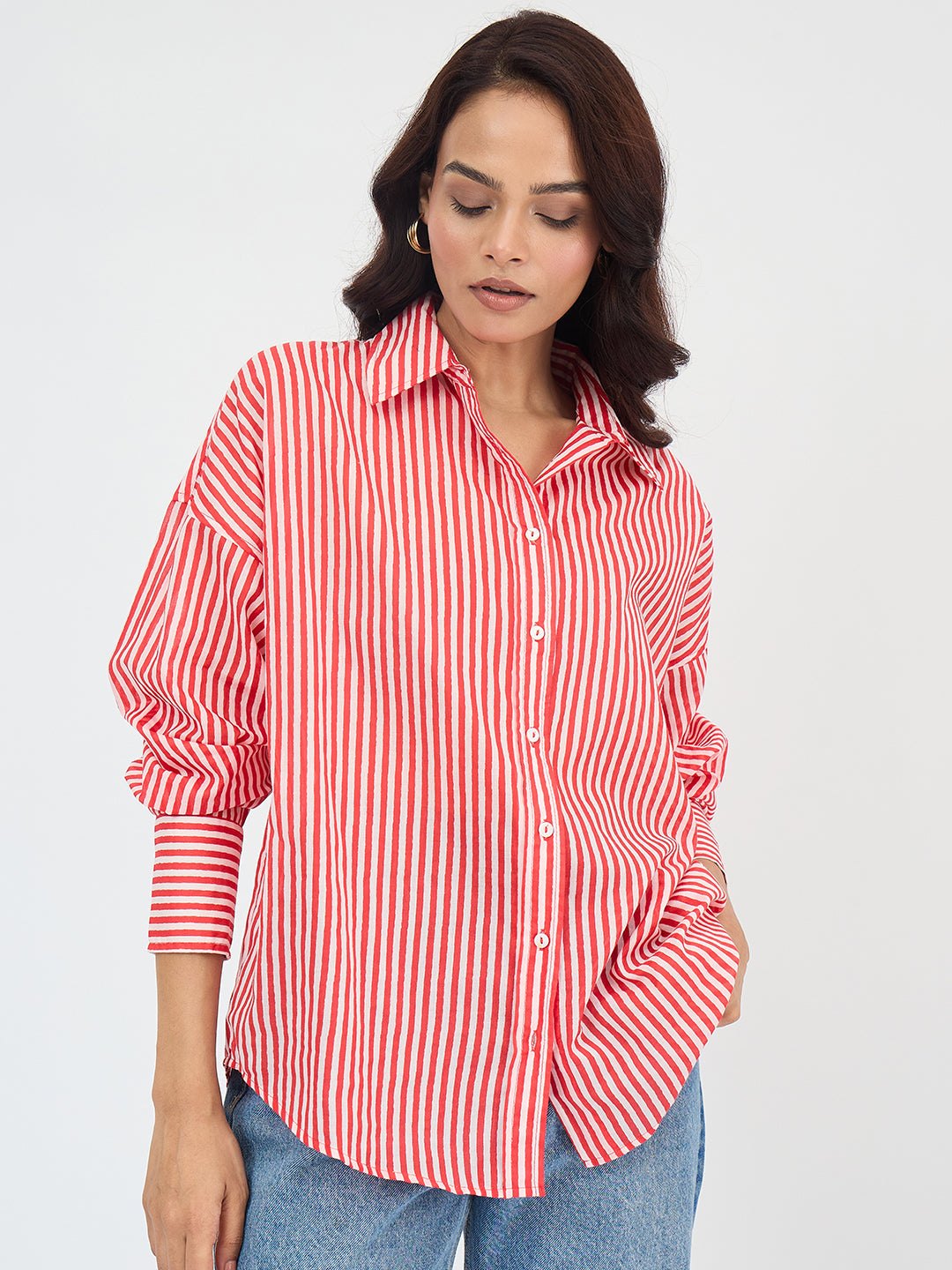 Bright Red Cotton Stripe Oversized Shirt