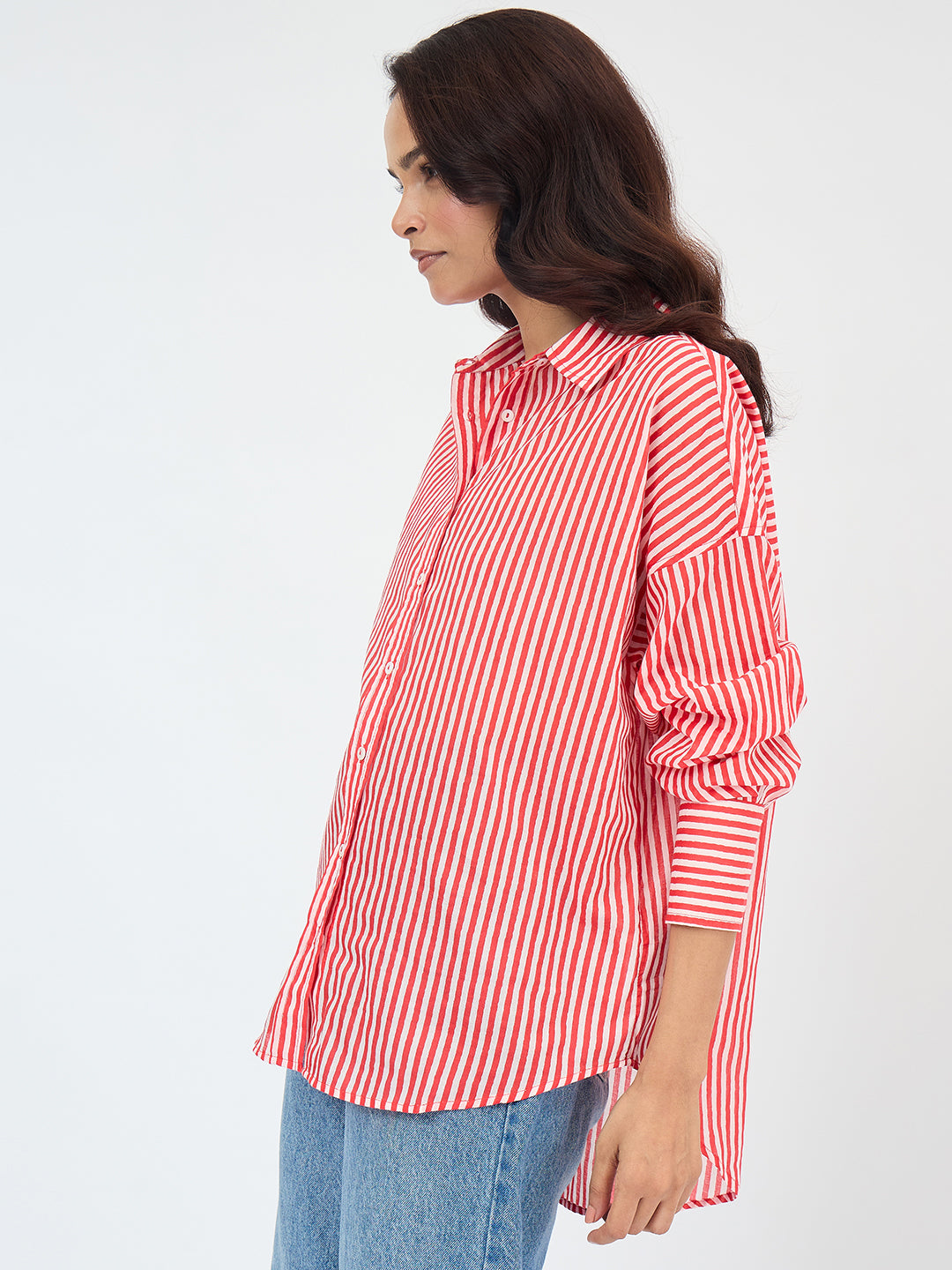 Bright Red Cotton Stripe Oversized Shirt