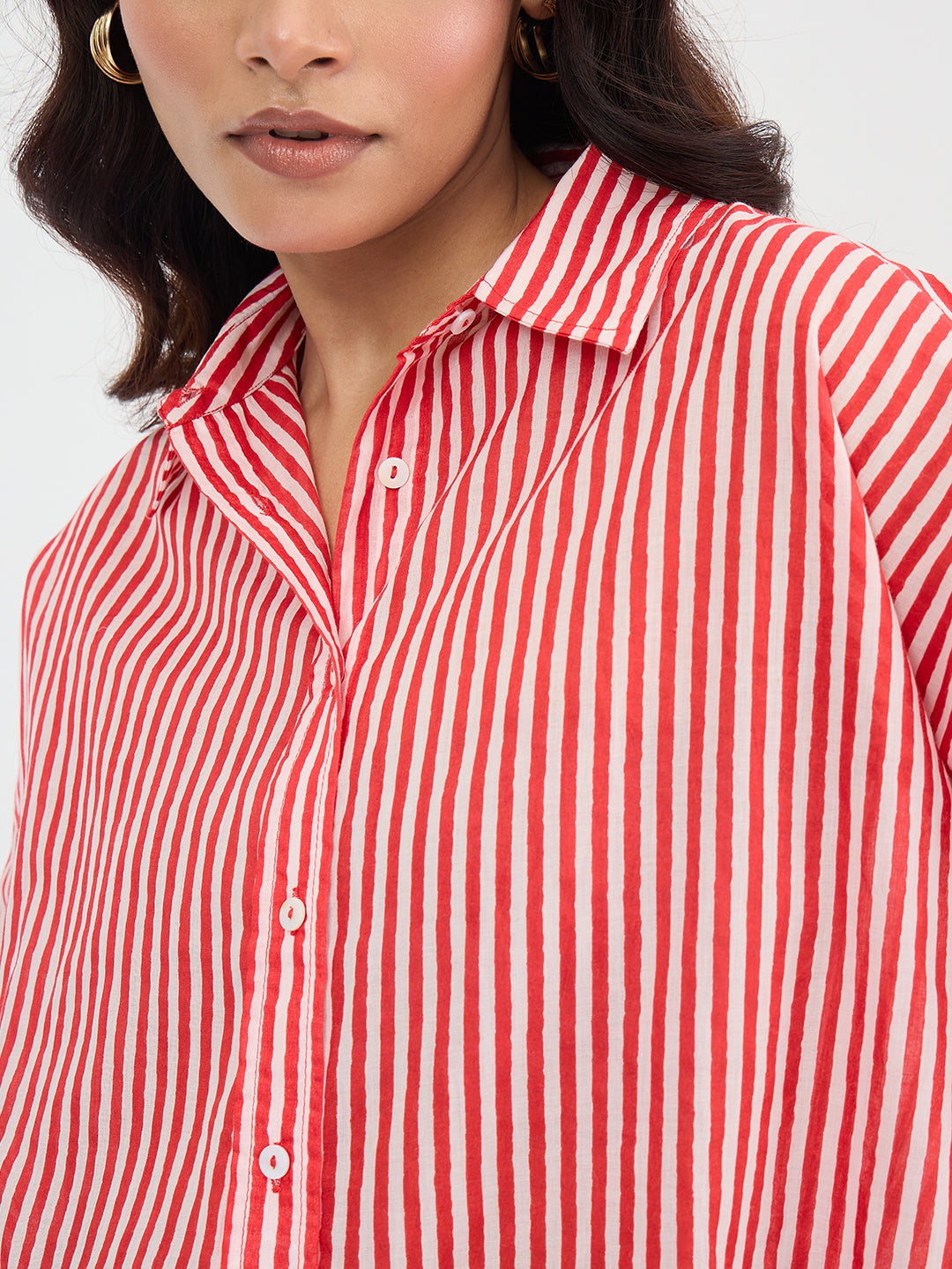 Bright Red Cotton Stripe Oversized Shirt