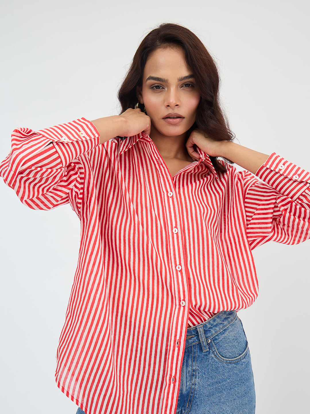 Bright Red Cotton Stripe Oversized Shirt