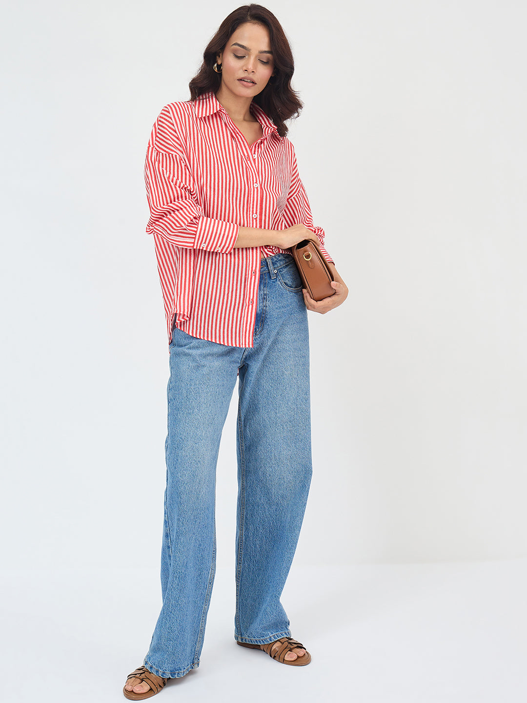 Bright Red Cotton Stripe Oversized Shirt
