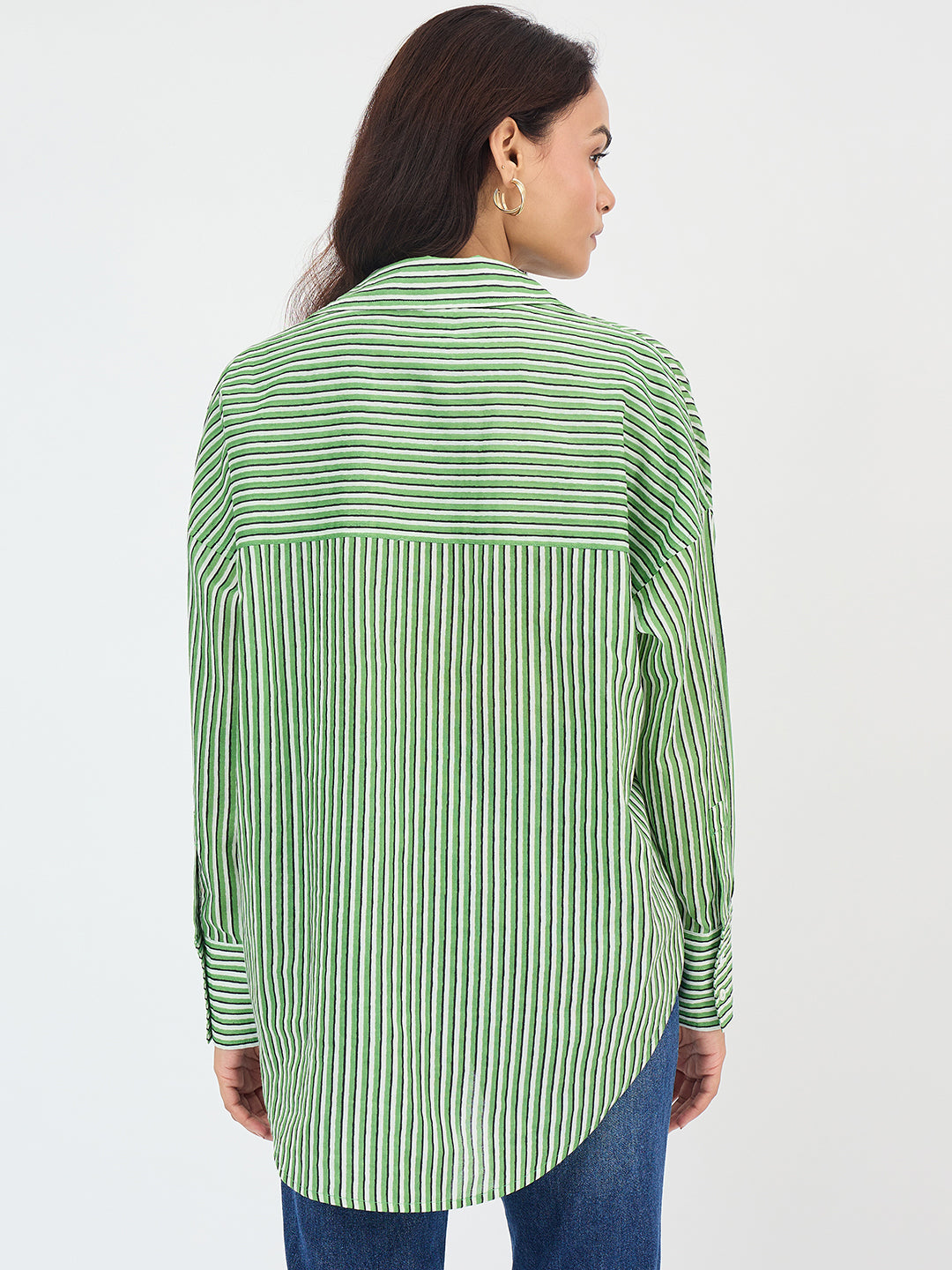Green Cotton Stripe Oversized Shirt