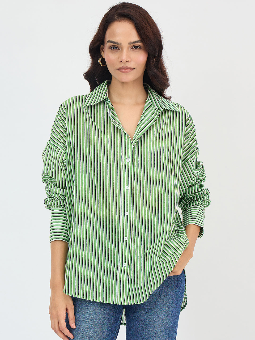 Green Cotton Stripe Oversized Shirt