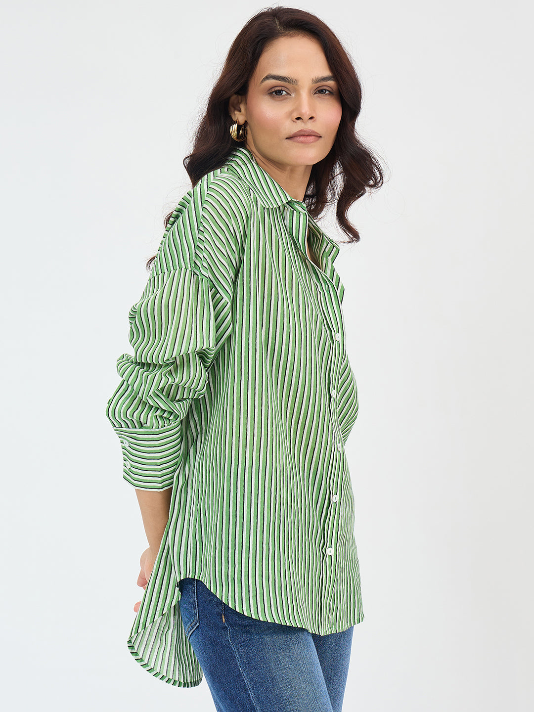 Green Cotton Stripe Oversized Shirt