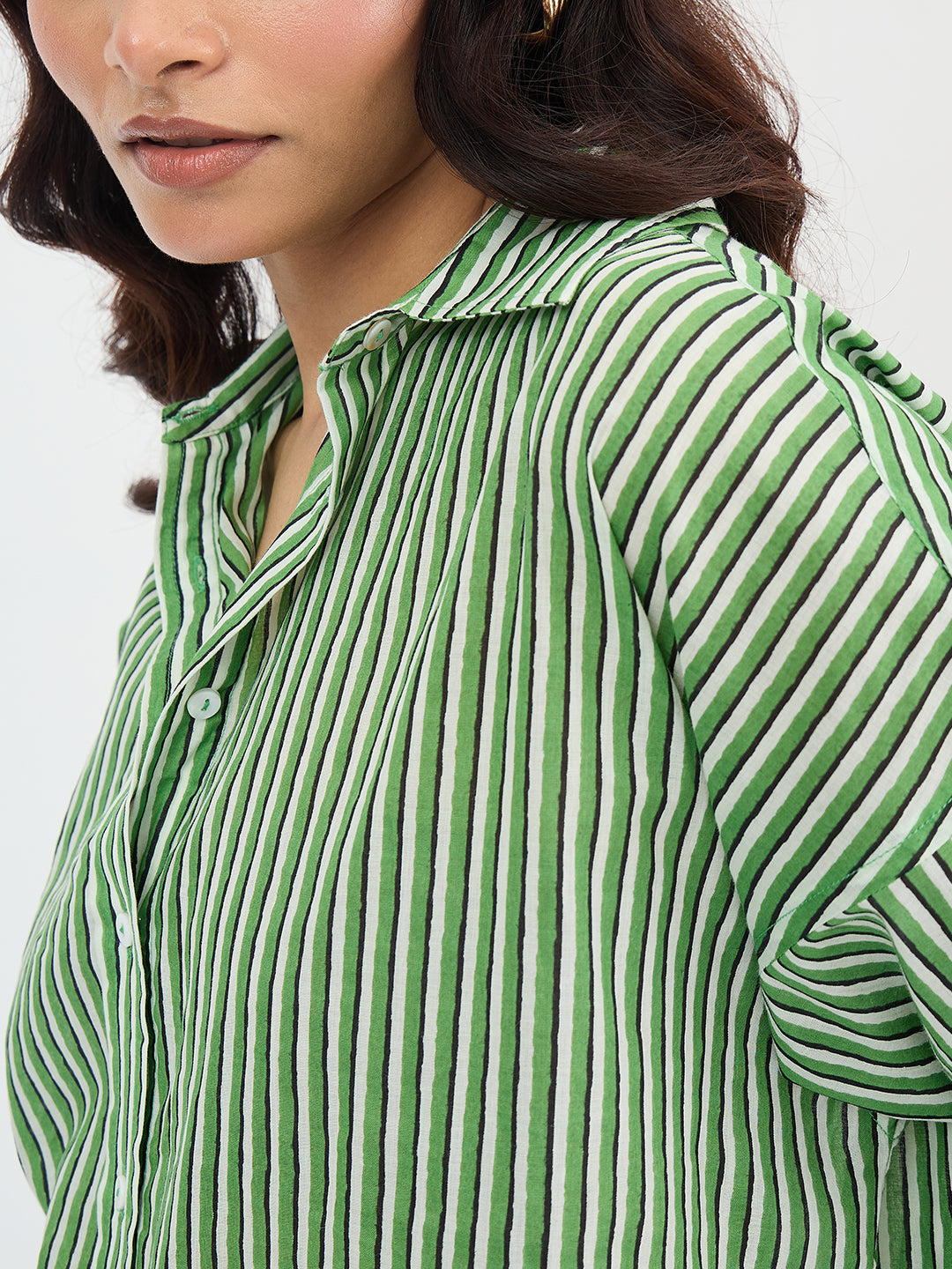Green Cotton Stripe Oversized Shirt