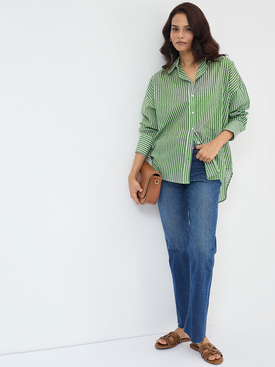 Green Cotton Stripe Oversized Shirt