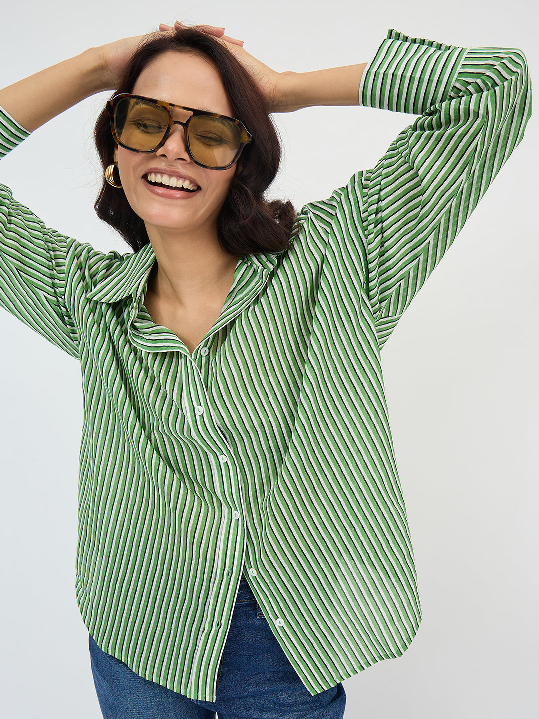 Green Cotton Stripe Oversized Shirt