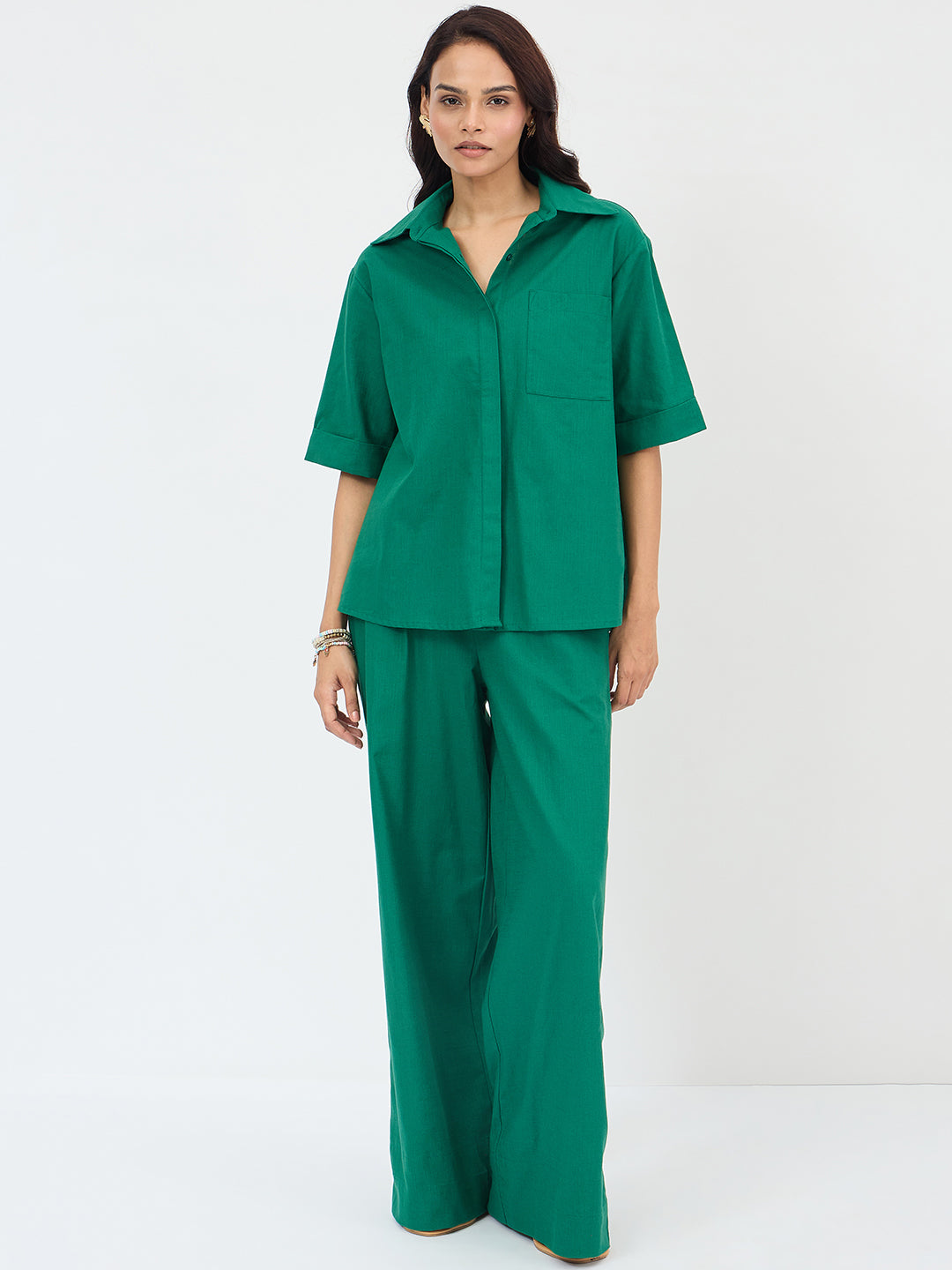 Emerald Green Cotton Shirt Co-Ord Set