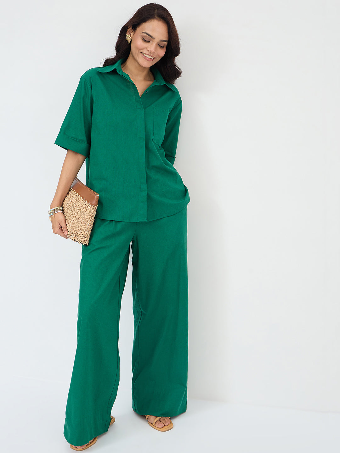 Emerald Green Cotton Shirt Co-Ord Set