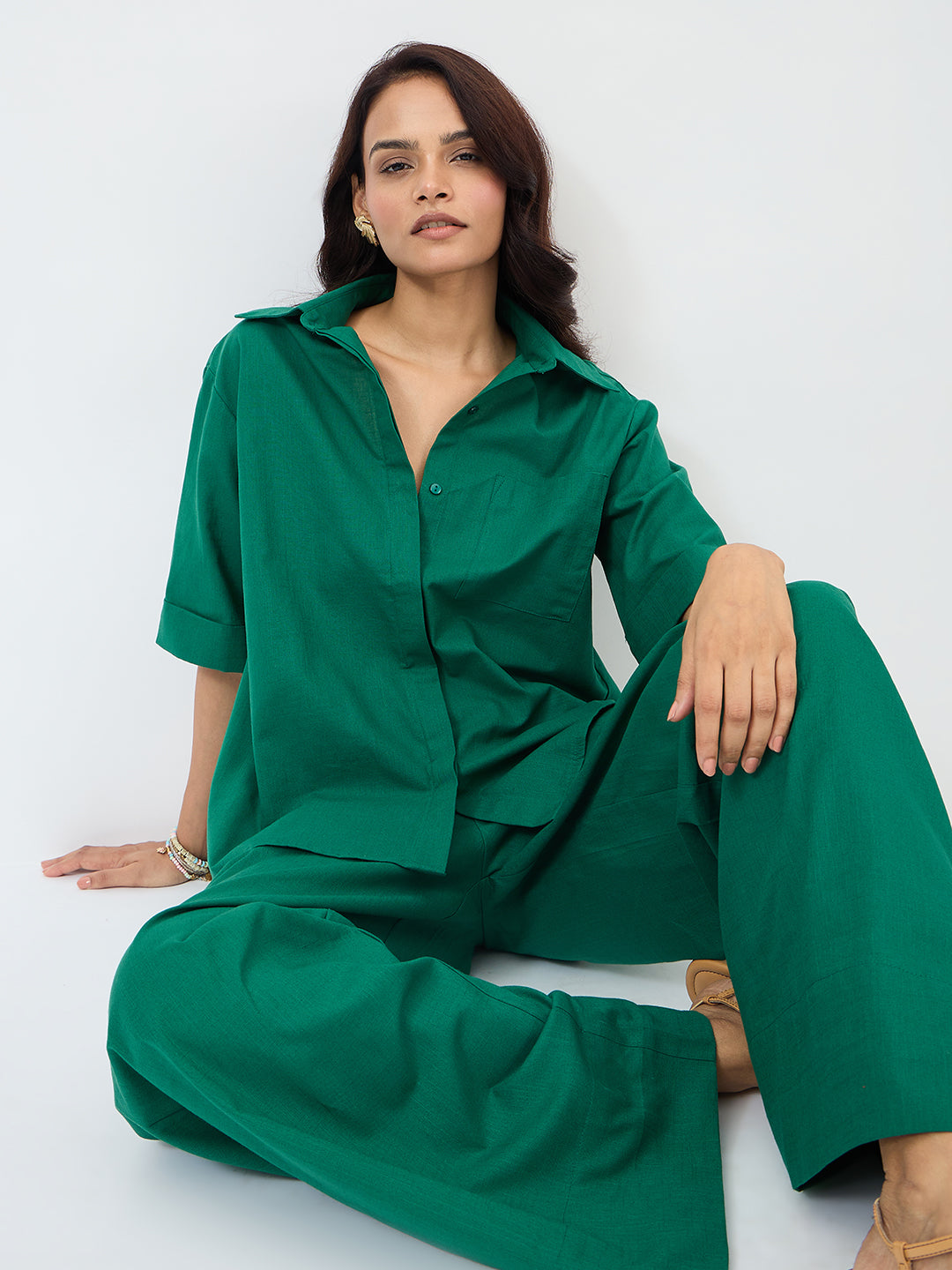 Emerald Green Cotton Shirt Co-Ord Set