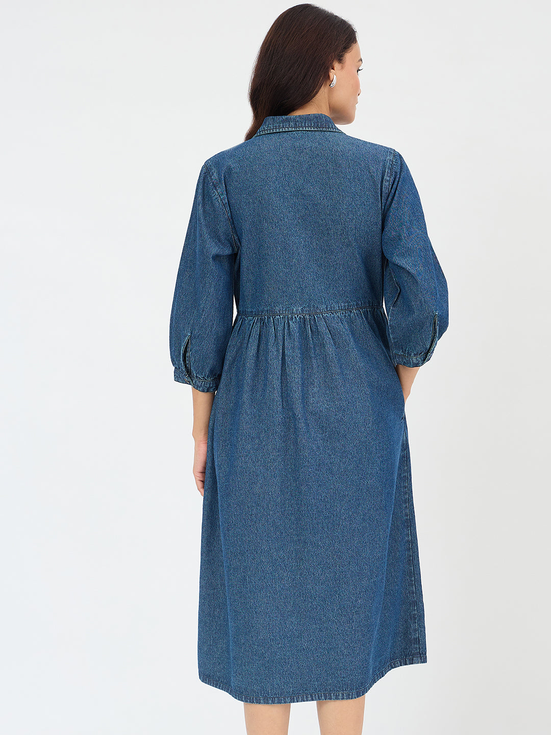 Navy Blue Front Zip Up Denim Midi Dress