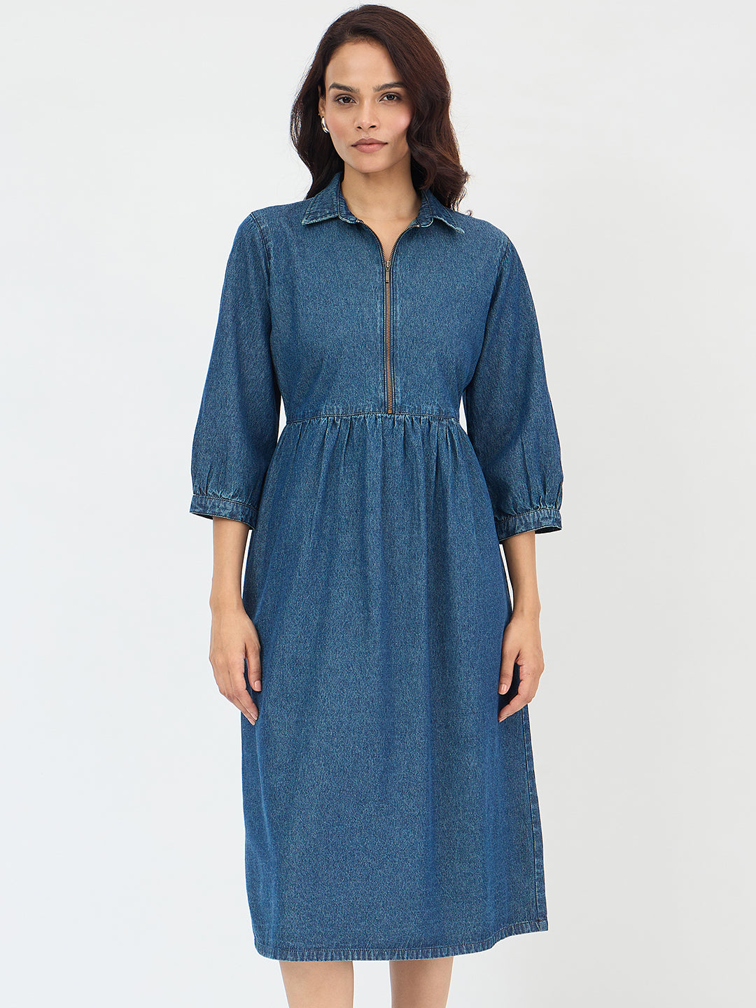 Navy Blue Front Zip Up Denim Midi Dress