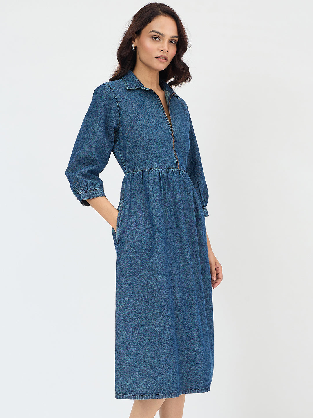 Navy Blue Front Zip Up Denim Midi Dress