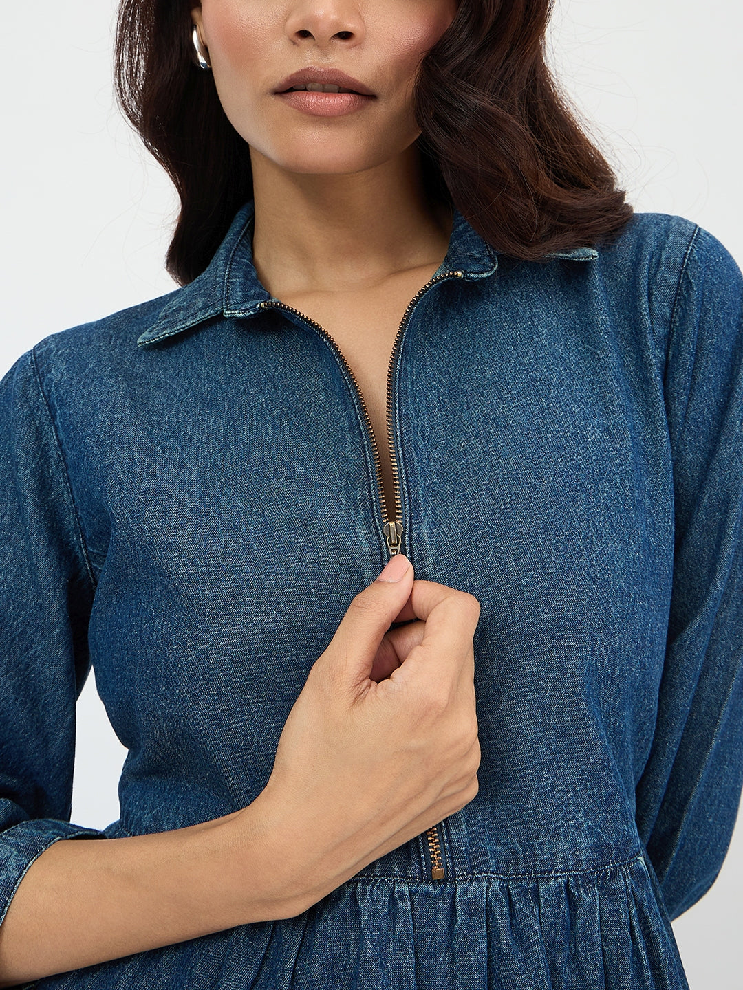 Navy Blue Front Zip Up Denim Midi Dress