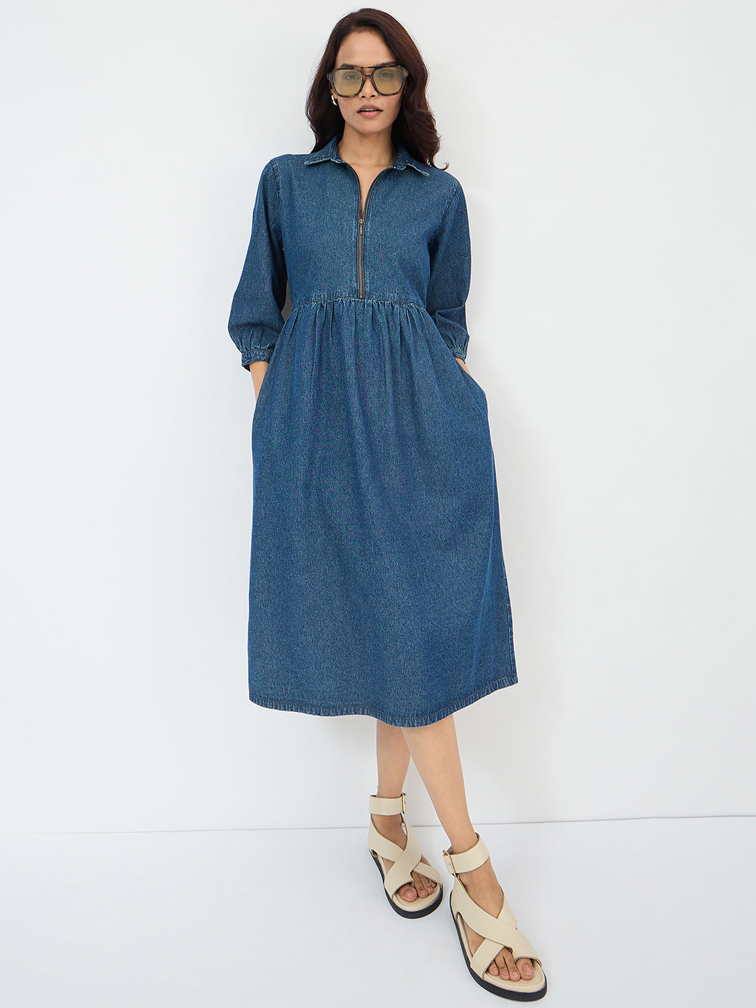 Navy Blue Front Zip Up Denim Midi Dress