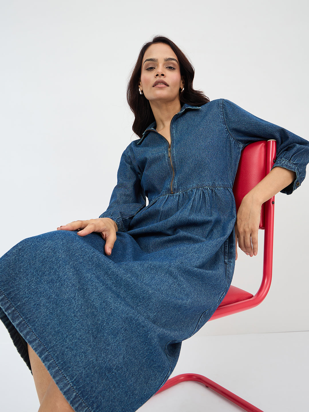 Navy Blue Front Zip Up Denim Midi Dress