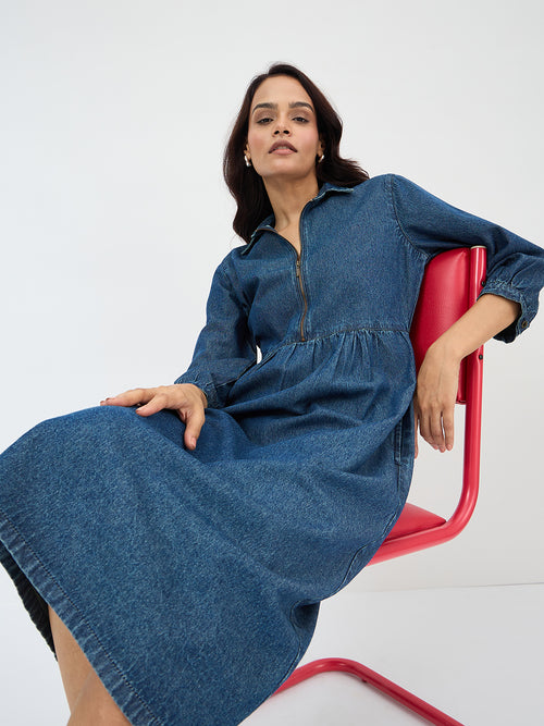 Navy Blue Front Zip Up Denim Midi Dress