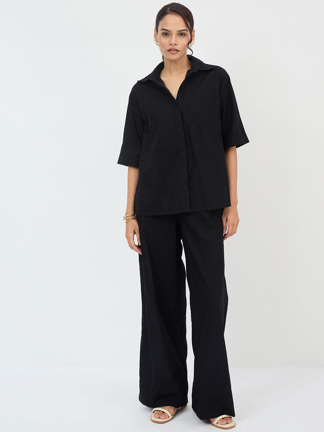 Black Cotton Shirt Co-Ord Set