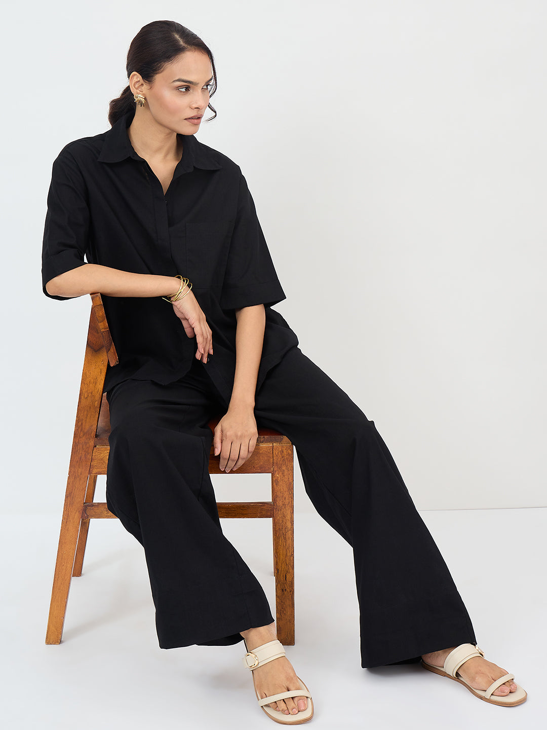 Black Cotton Shirt Co-Ord Set