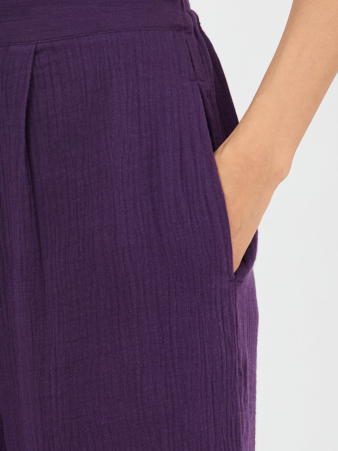 Cotton Gauze Deep Purple Round Neck Top With Straight Pant