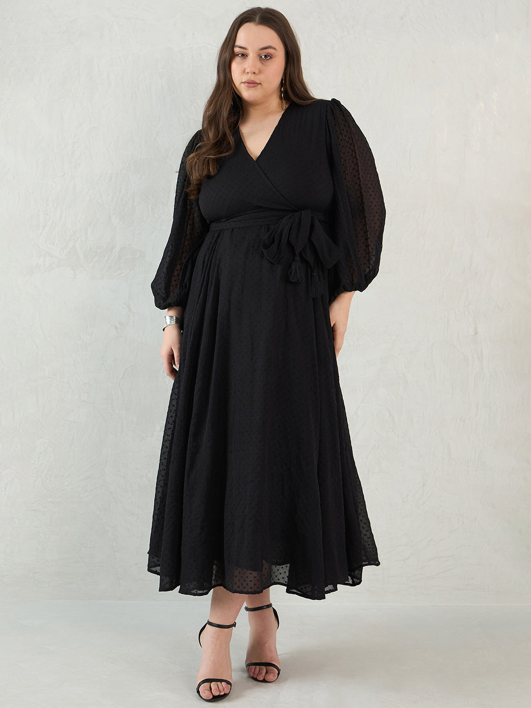 Black Chiffon Dobby Wrap Maxi Dress
