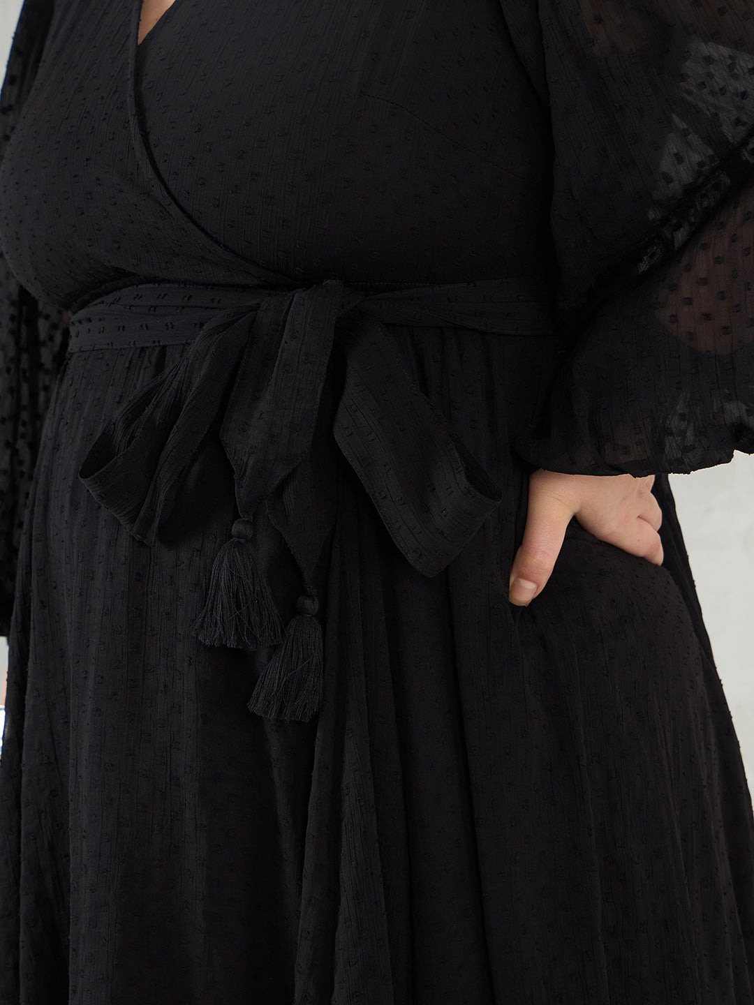 Black Chiffon Dobby Wrap Maxi Dress