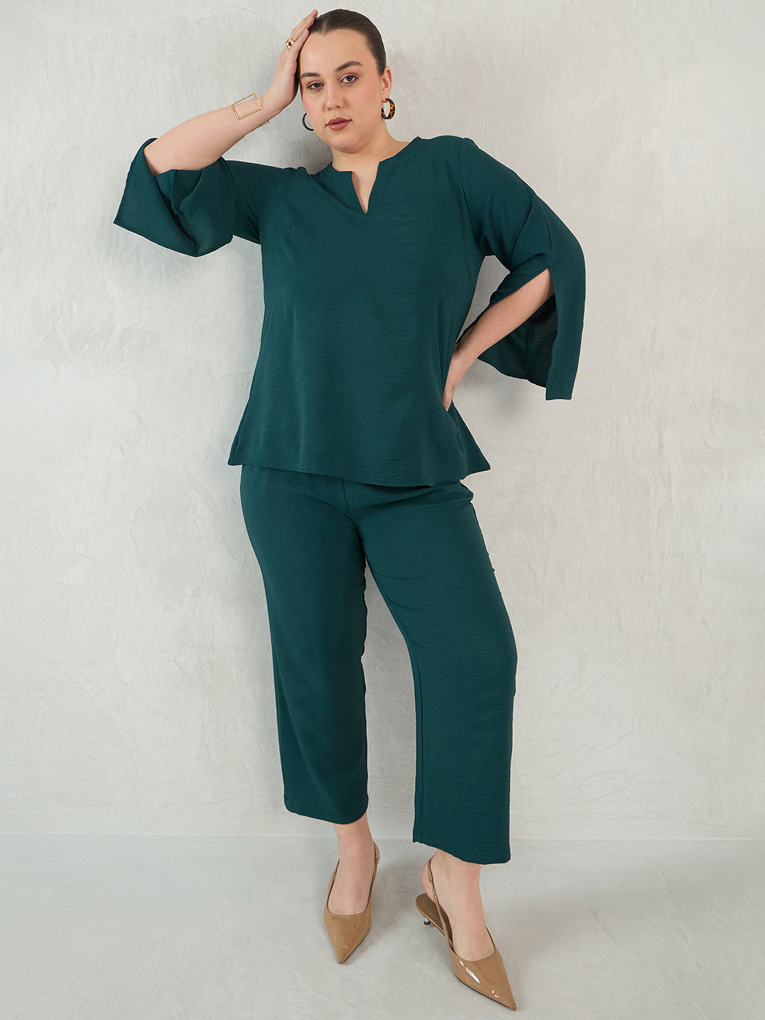 Forest Green Slit Detail Top And Pants Co-Ord Set